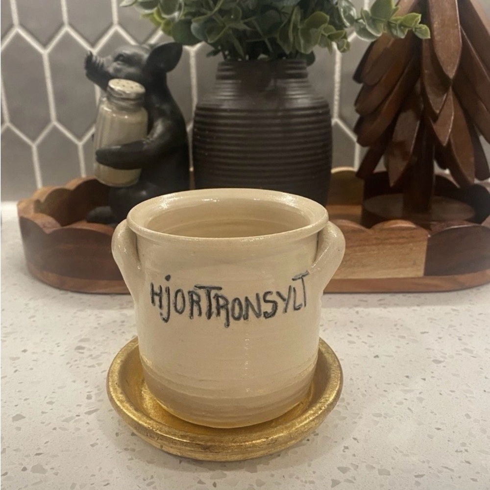 Cream Ceramic Pot with Gold Saucer